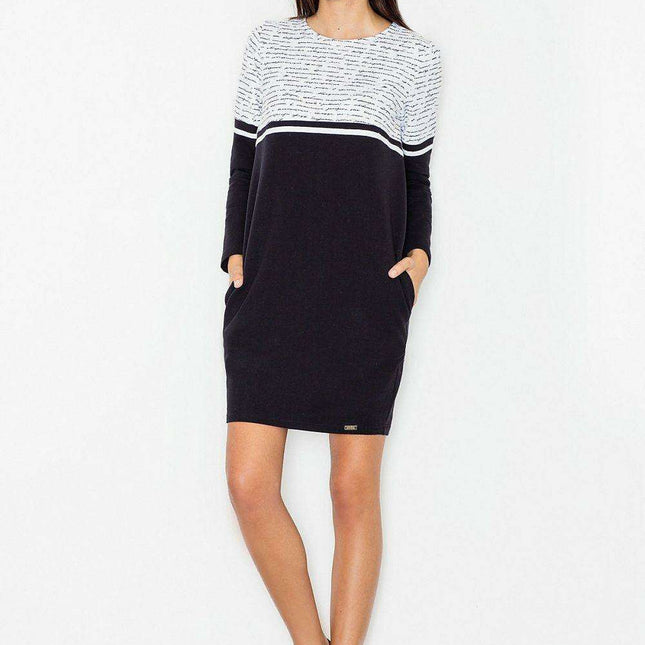 Chic Cotton Day Dress with Textured Knit Bodice and Practical Side Pockets, Style 62978