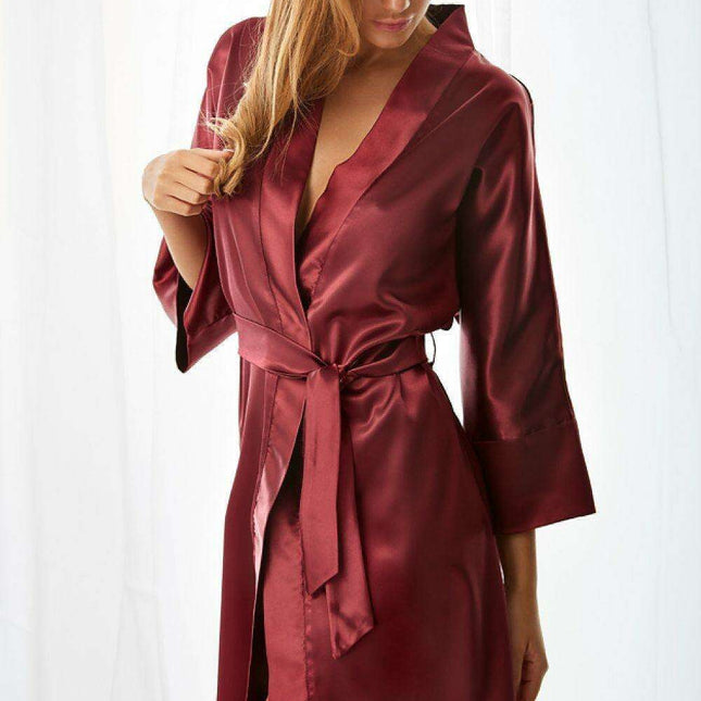 Chic Satin Sleepwear Set with Kimono and Belt: Luxurious Night Ensemble
