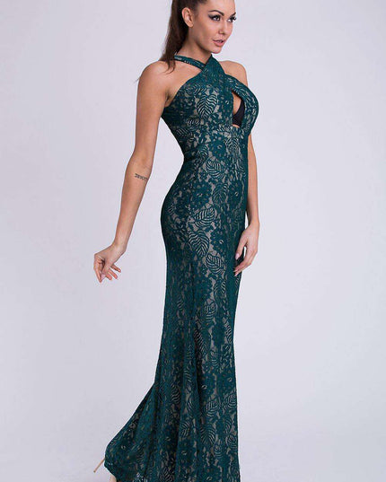 Chic Green Lace-Embellished Evening Dress