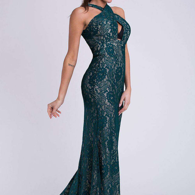 Chic Green Lace-Embellished Evening Dress