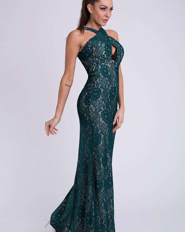 Chic Green Lace-Embellished Evening Dress