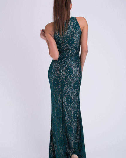 Chic Green Lace-Embellished Evening Dress
