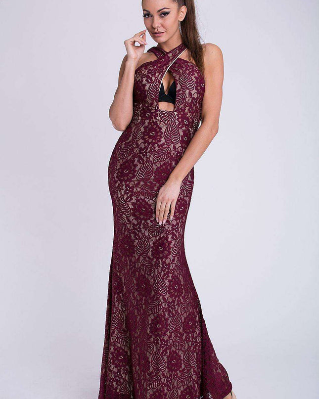 Elegant Burgundy Lace Evening Gown