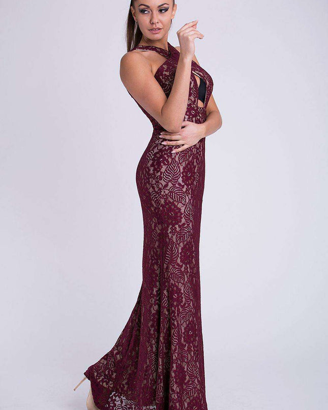 Elegant Burgundy Lace Evening Gown