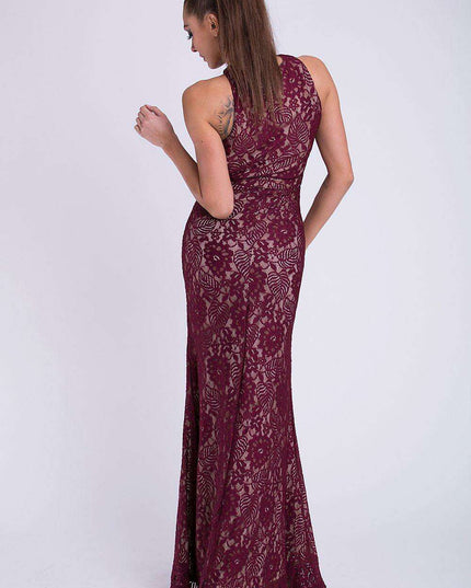Elegant Burgundy Lace Evening Gown