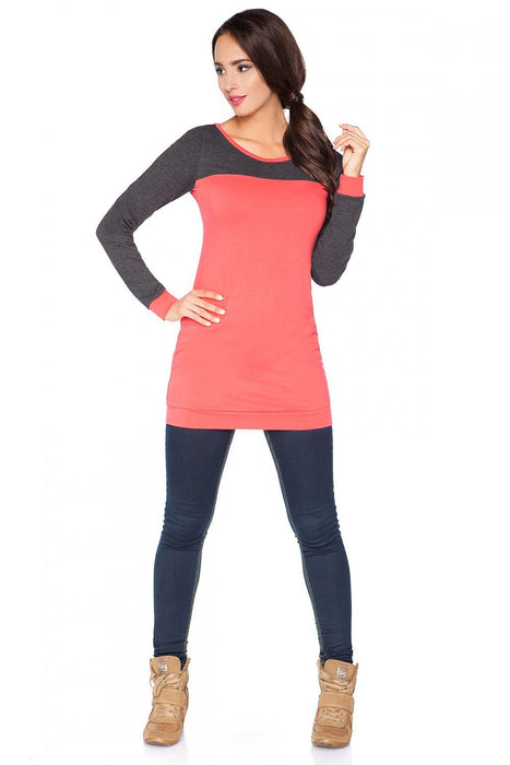 Sporty Knit Sweatshirt Tunic with Gathered Neckline and Contrasting Detail