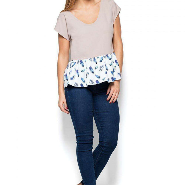 Elegant Frilled Basque Blouse with Stylish Pattern Accents