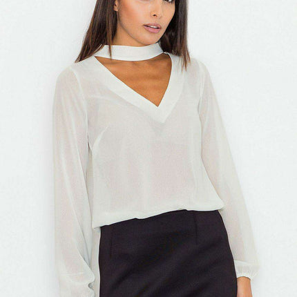 Chic Sash-Embellished Blouse with Unique Cheese Neckline and Fashionable Sleeves