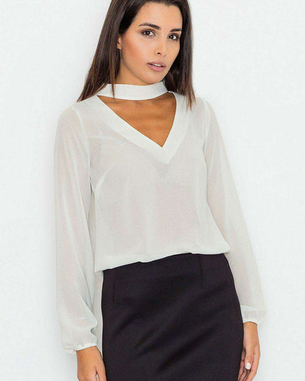 Chic Sash-Embellished Blouse with Unique Cheese Neckline and Fashionable Sleeves