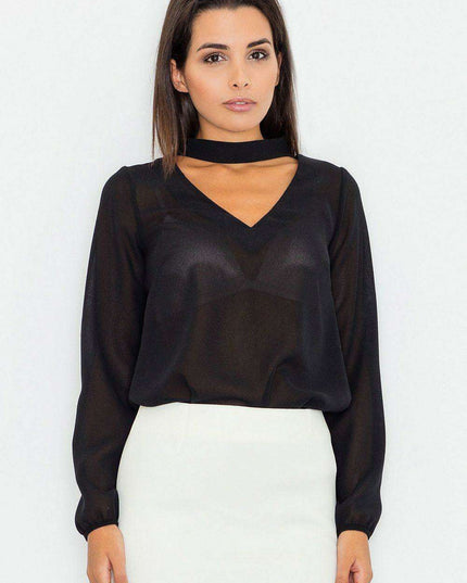 Sophisticated Long Sleeve Blouse with Distinctive Cheese Neckline and Trendy Sash - A Classic Elegance Essential