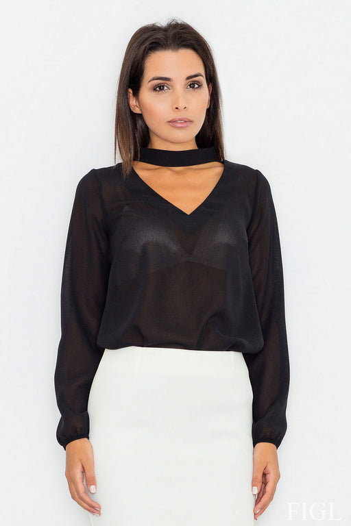 Sleek Cheese Neckline Blouse with Chic Sash and Sophisticated Style