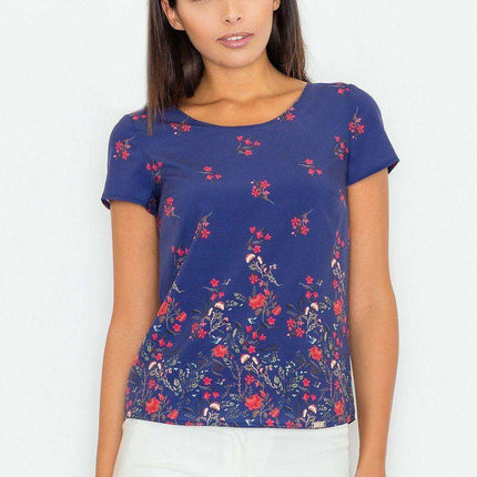 Floral Elegance: Short Sleeve Blouse in Soft Stretch Polyester