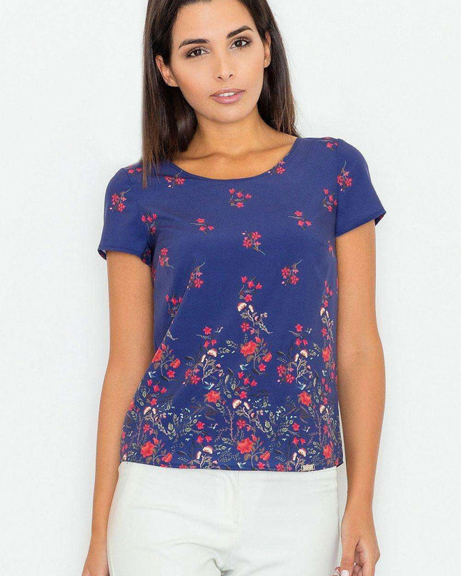Floral Elegance: Short Sleeve Blouse in Soft Stretch Polyester