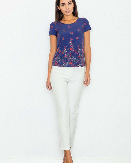 Floral Elegance: Short Sleeve Blouse in Soft Stretch Polyester