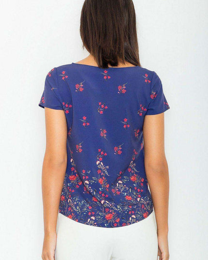 Floral Elegance: Short Sleeve Blouse in Soft Stretch Polyester