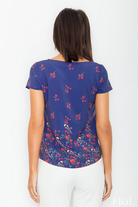 Elegant Floral Print Short Sleeve Top in Polyester-Spandex Blend