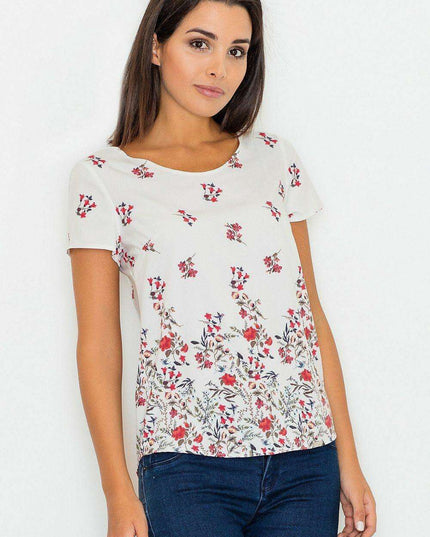 Chic Floral Short Sleeve Blouse in Stretchy Polyester Blend