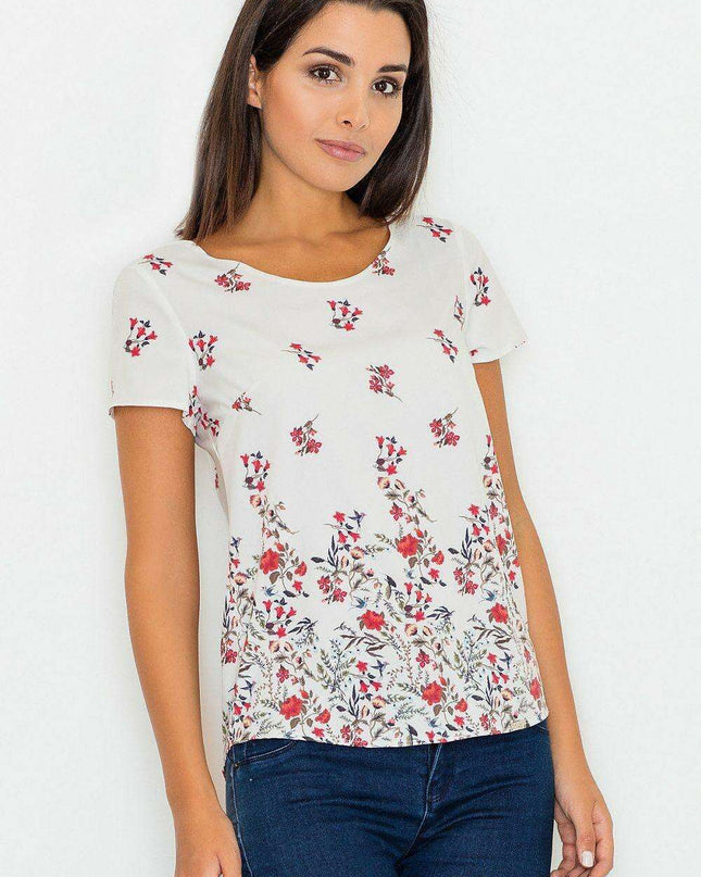 Chic Floral Short Sleeve Blouse in Stretchy Polyester Blend