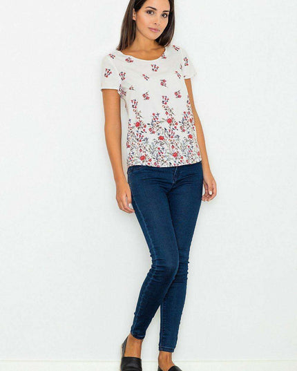 Chic Floral Short Sleeve Blouse in Stretchy Polyester Blend