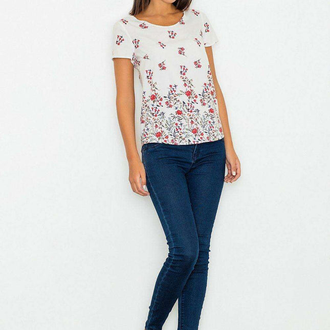 Chic Floral Short Sleeve Blouse in Stretchy Polyester Blend