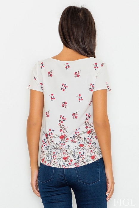 Floral Print Short Sleeve Blouse with Spandex and Polyester Blend