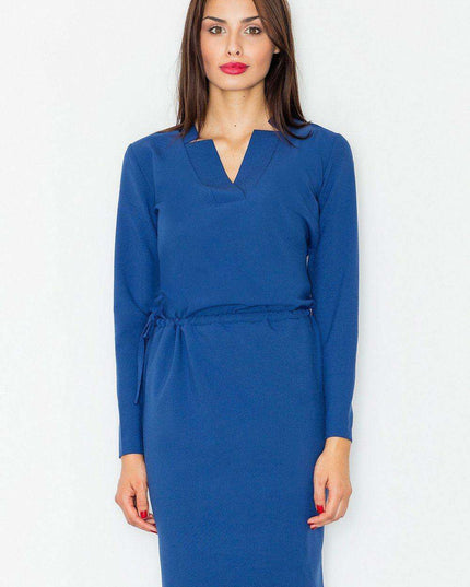 Chic Daytime Sophistication: Long Sleeve Polyester Dress with Waist Tie - Model 77065
