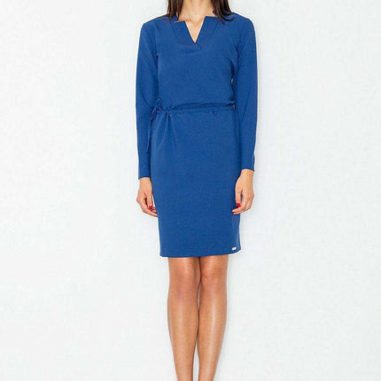 Chic Daytime Sophistication: Long Sleeve Polyester Dress with Waist Tie - Model 77065