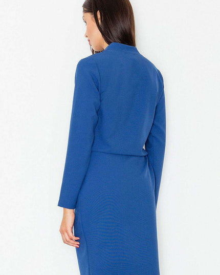 Chic Daytime Sophistication: Long Sleeve Polyester Dress with Waist Tie - Model 77065