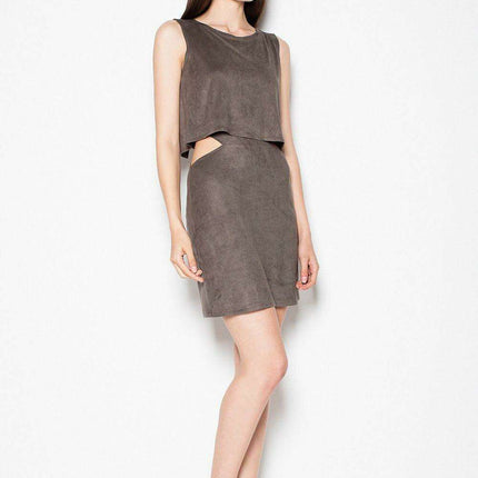 Chic Suede Day Dress with Unique Waist Cut-Out Design