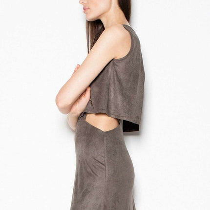 Chic Suede Day Dress with Unique Waist Cut-Out Design