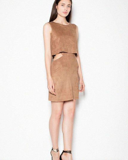 Chic Suede Day Dress with Unique Waist Cut-Out Design