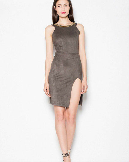 Twilight Elegance Suede Thigh-High Evening Gown with Gemstone Embellishments