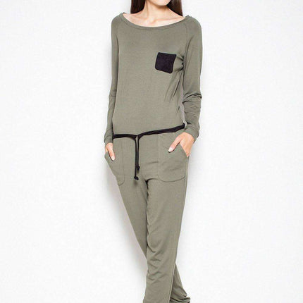 Elegant Long-Sleeve Jumpsuit with Distinctive Pocket and Fashionable Belt