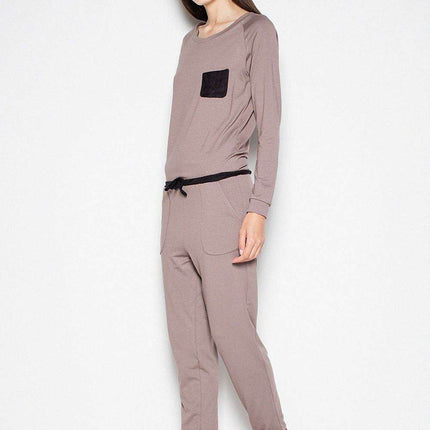 Elegant Long-Sleeve Jumpsuit with Distinctive Pocket and Fashionable Belt