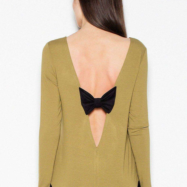Chic Backless Blouse with Suede Bow Accent