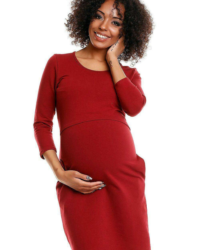 Stylish Knit Maternity Dress with Hidden Nursing Access and Practical Pockets