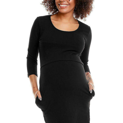 Chic Cotton Maternity Dress with Hidden Nursing Feature and Convenient Pockets