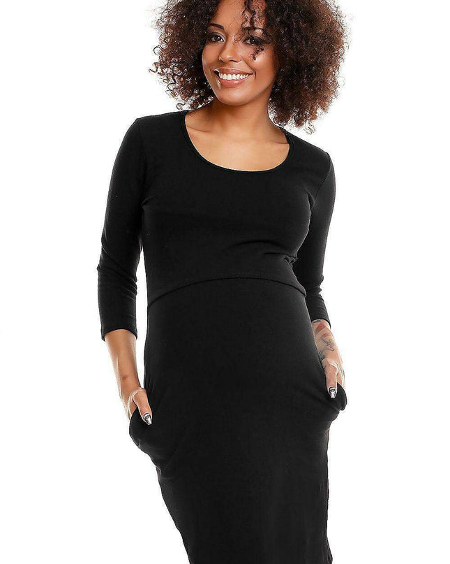 Chic Cotton Maternity Dress with Hidden Nursing Feature and Convenient Pockets
