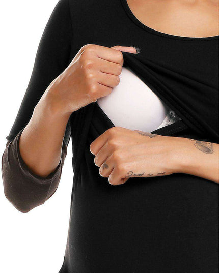 Chic Cotton Maternity Dress with Hidden Nursing Feature and Convenient Pockets