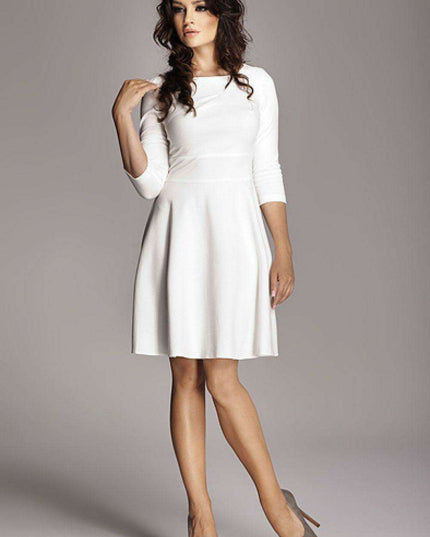 Elegant Ecru Flare Dress with Waist Belt - Model 10134