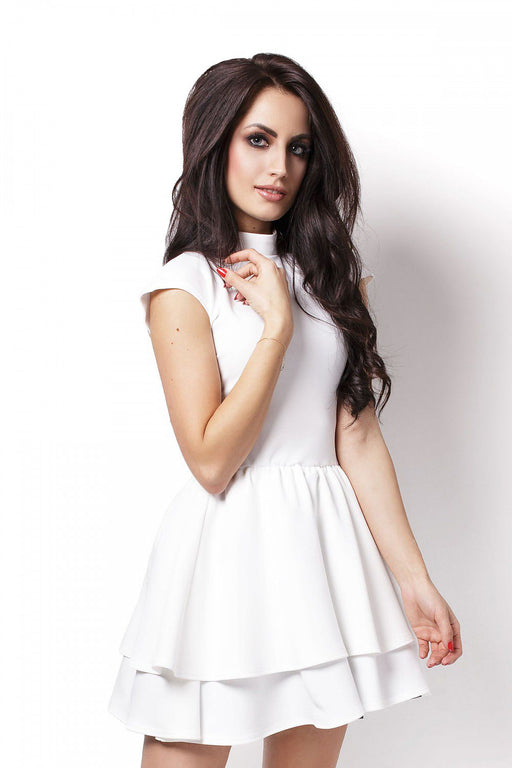 Ivory Flared Hem Dress with Teardrop Back and Stand-Up Collar