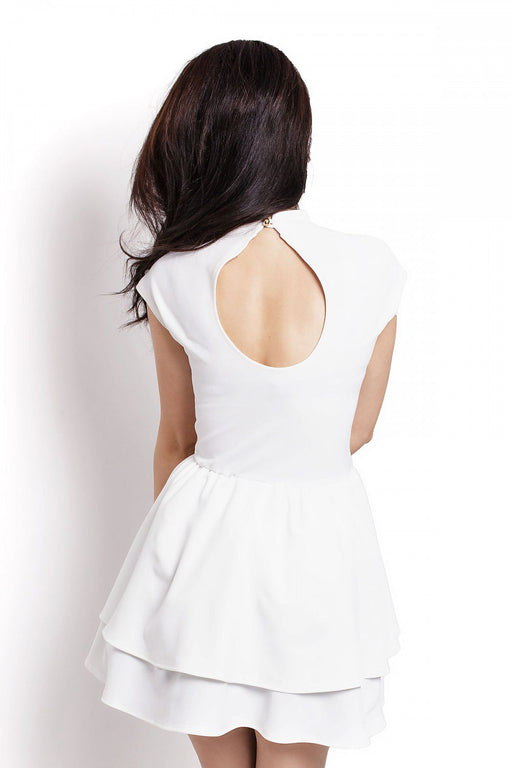 Ivory Teardrop Back Cocktail Dress with Flared Hem and Stand-Up Collar