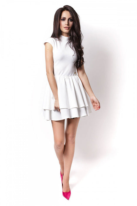 Ivory Flared Hem Dress with Teardrop Back and Stand-Up Collar