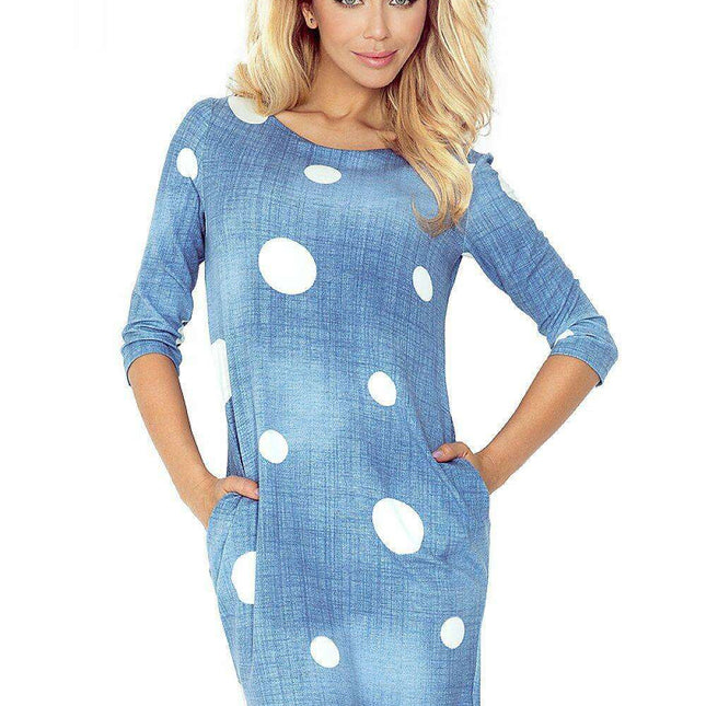 Denim Daydress with Circle Print and Convenient Pockets - Numoco Women's Chic Attire