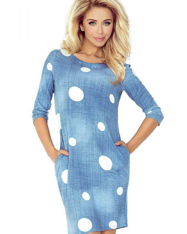 Denim Daydress with Circle Print and Convenient Pockets - Numoco Women's Chic Attire