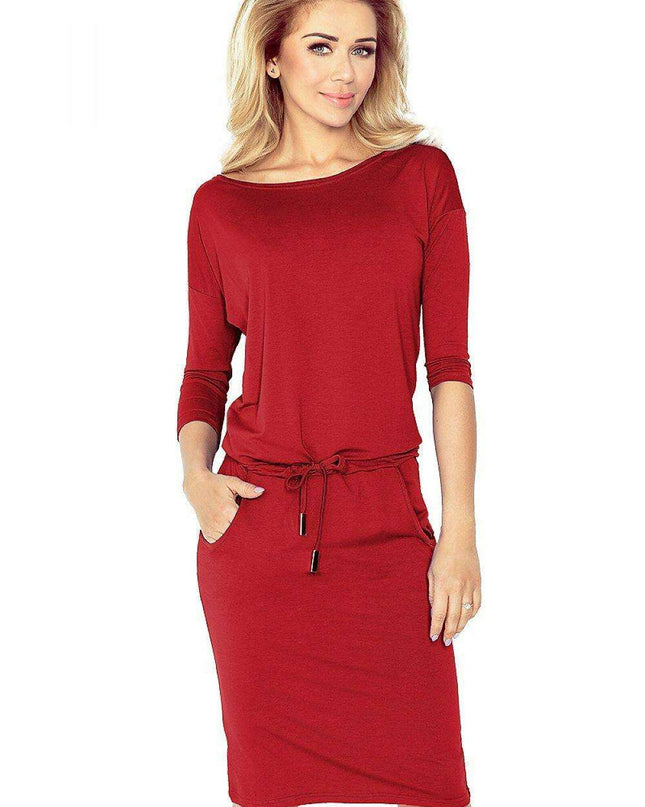 Burgundy 3/4 Sleeve Sporty Chic Dress by Numoco