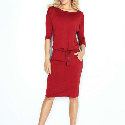 Burgundy 3/4 Sleeve Sporty Chic Dress by Numoco