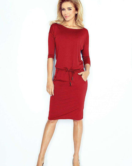 Burgundy 3/4 Sleeve Sporty Chic Dress by Numoco