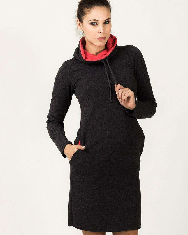 Stylish Knit Casual Daydress with Handy Side Slit Pockets - Chic Chimney Neckline and Adjustable Fit