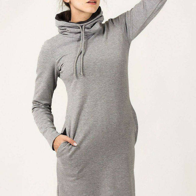 Versatile Knit Sweater Dress with Adjustable Funnel Neck and Functional Side Pockets